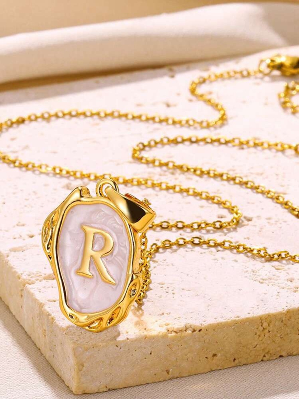 ‘R’ Gold Plated Oceanus Oyster Shell Initial Pendant Necklace